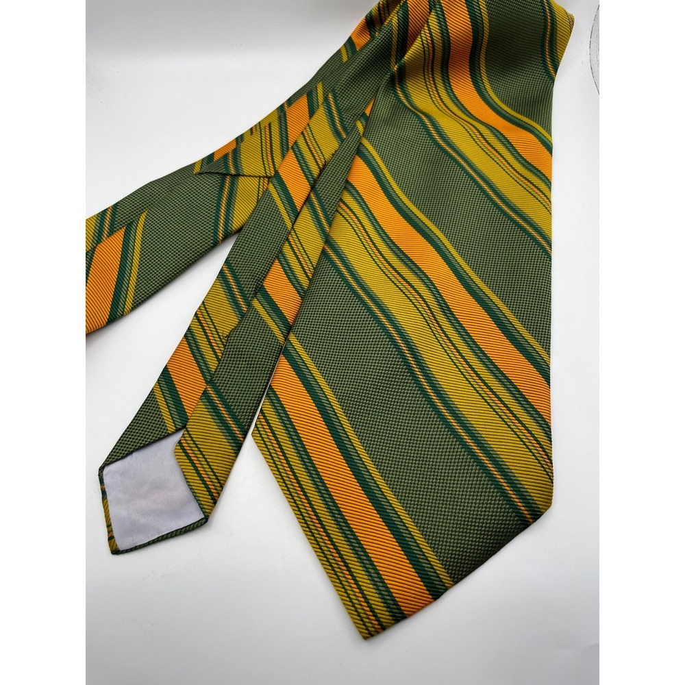 Vintage Bergere Mens Tie Olive Green Orange Yellow Diagonal Striped Retro 70s